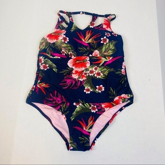 Kona Sol Hawaiian Floral Cut Out Neckline Swim Suit Size 16W - Picture 2 of 8